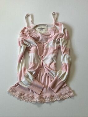 Vintage Abercrombie & Fitch Baby Pink Striped Cashmere Cotton Cardigan